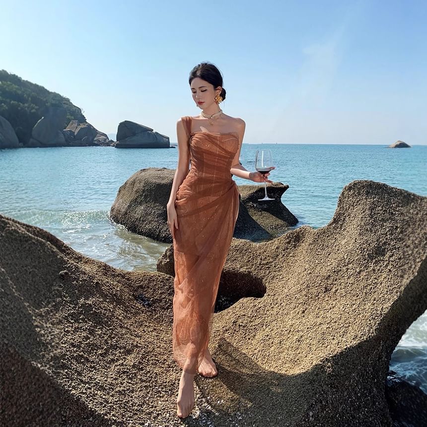 Sleeveless One Shoulder Sheer Ruffle Sequin Maxi Evening Gown