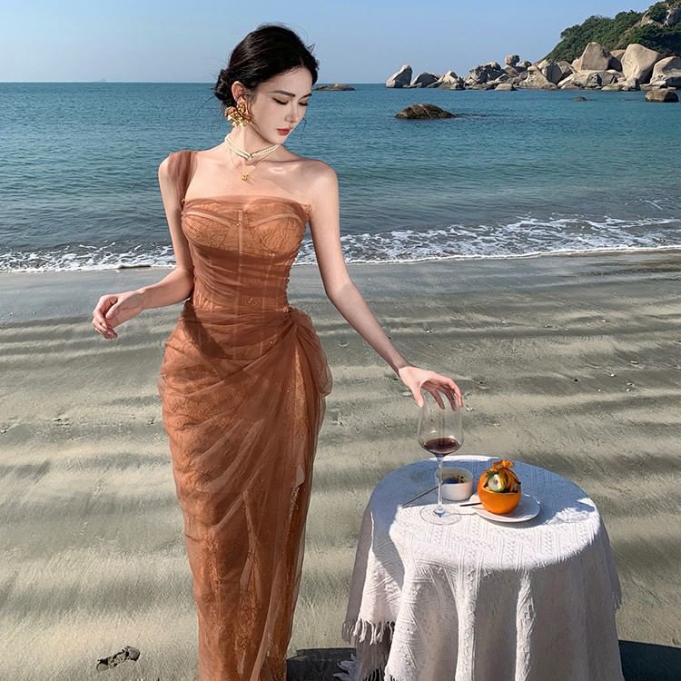 Sleeveless One Shoulder Sheer Ruffle Sequin Maxi Evening Gown