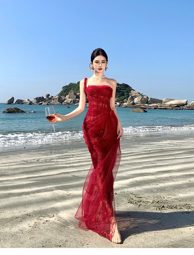 Sleeveless One Shoulder Sheer Ruffle Sequin Maxi Evening Gown