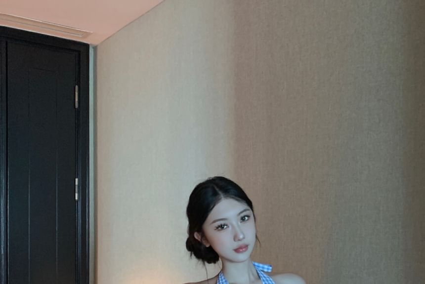 Halter Leg Waist Crop Button-Up V-Neck Low Pants / Top Gingham Wide