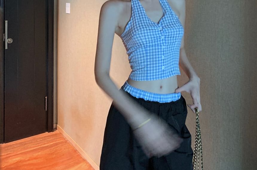 Halter Leg Waist Crop Button-Up V-Neck Low Pants / Top Gingham Wide