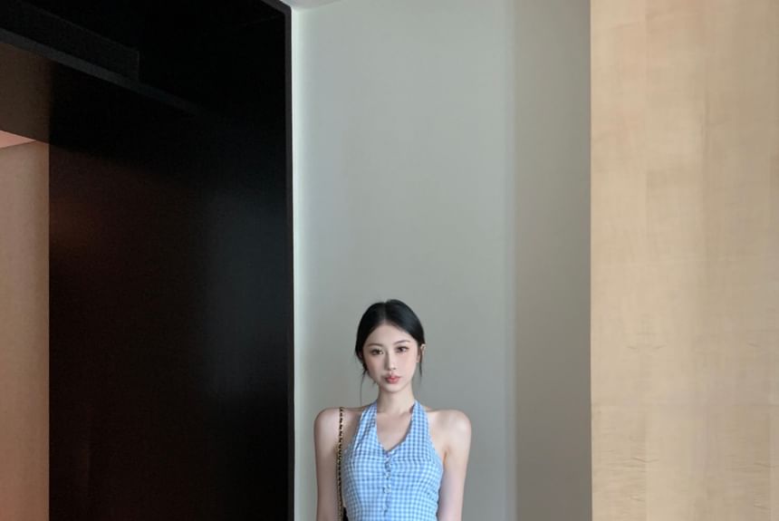 Halter Leg Waist Crop Button-Up V-Neck Low Pants / Top Gingham Wide