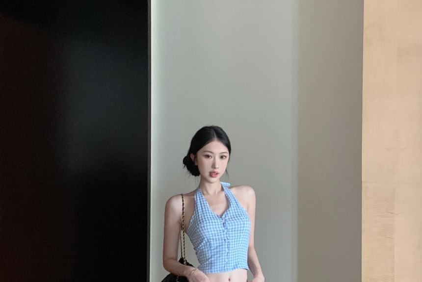 Halter Leg Waist Crop Button-Up V-Neck Low Pants / Top Gingham Wide