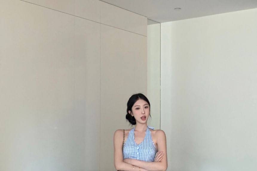 Halter Leg Waist Crop Button-Up V-Neck Low Pants / Top Gingham Wide