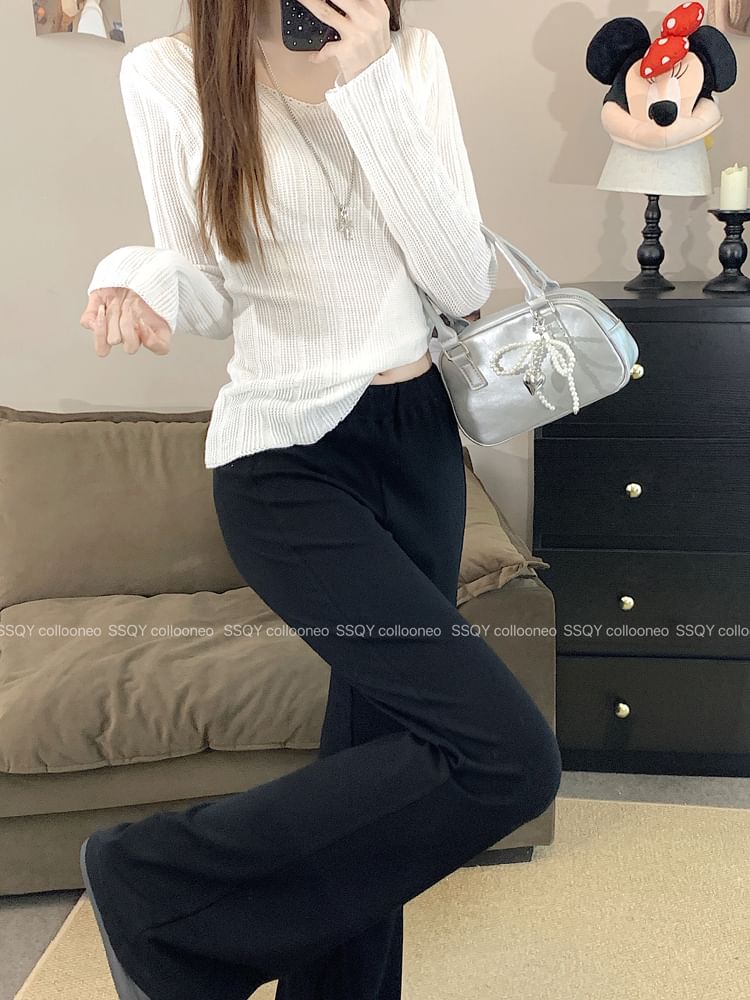 Plain Flared Pants Mid Rise