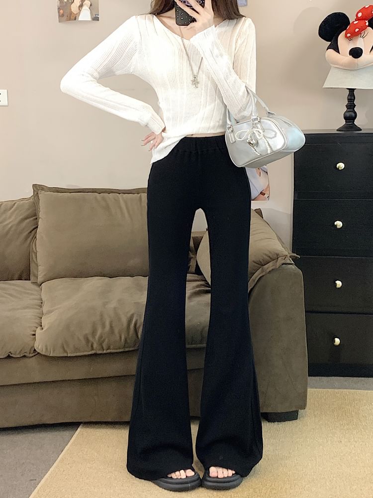 Plain Flared Pants Mid Rise