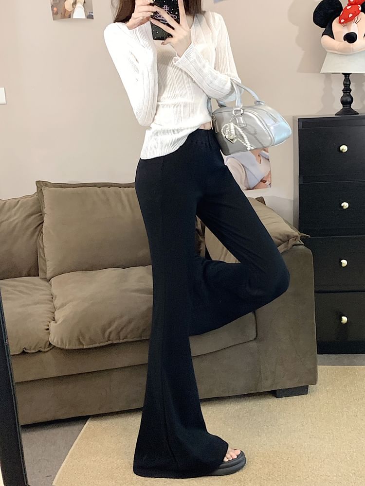 Plain Flared Pants Mid Rise