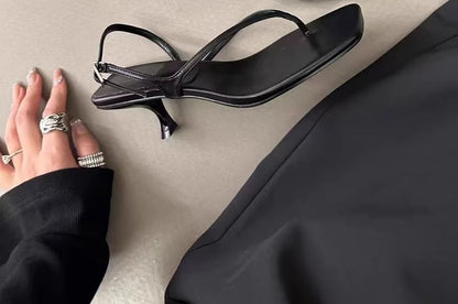 Plain Heel Kitten Toe Slingback Square Thong Sandals