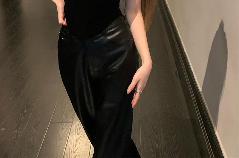 Faux Flared Camisole Top Square Leather Plain Rise High / Neck Pants