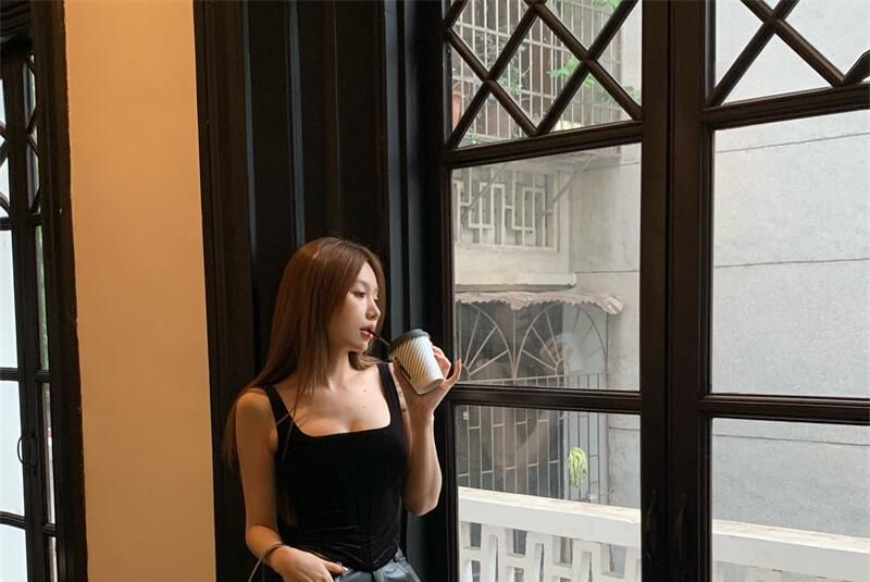 Faux Flared Camisole Top Square Leather Plain Rise High / Neck Pants