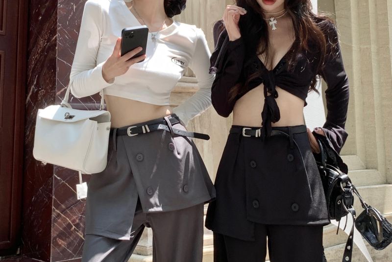 Pants High Overlay Flared Plain Skirt Waist