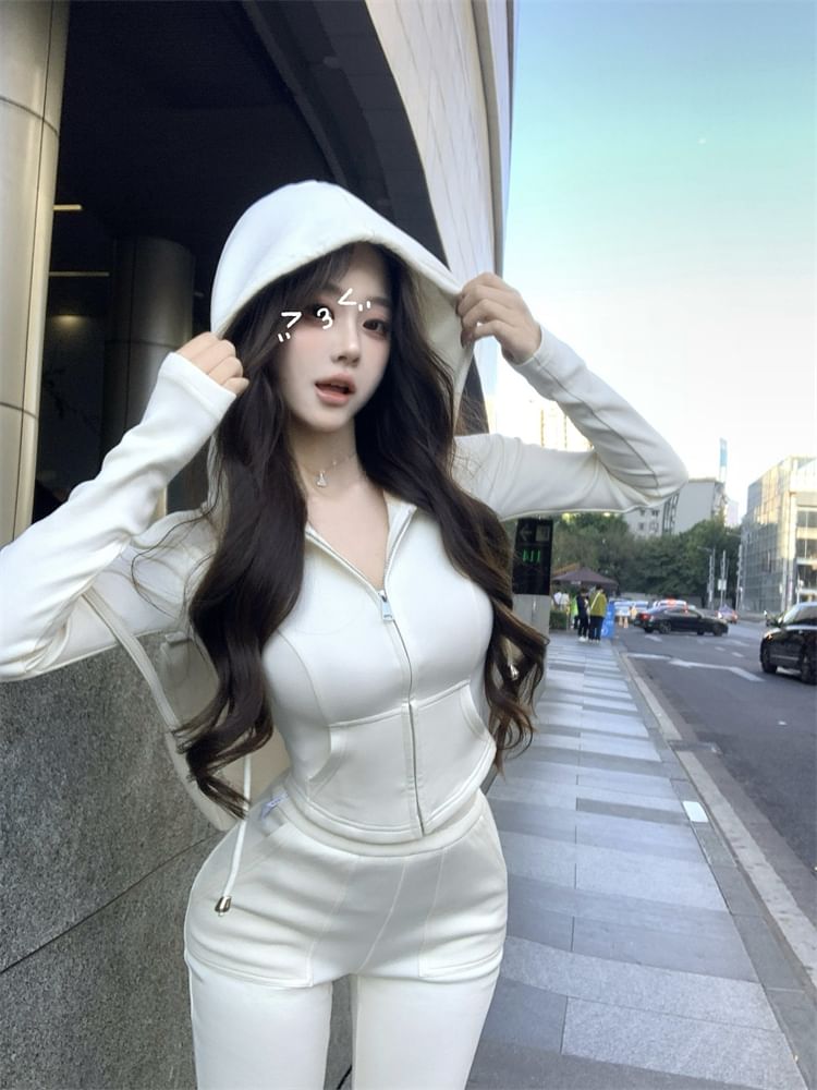 Flared Plain Zip Hoodie Sweatpants High / Crop Waist