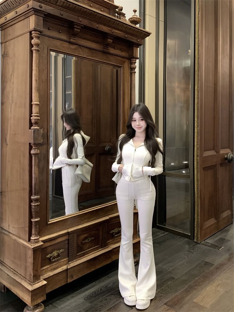 Flared Plain Zip Hoodie Sweatpants High / Crop Waist