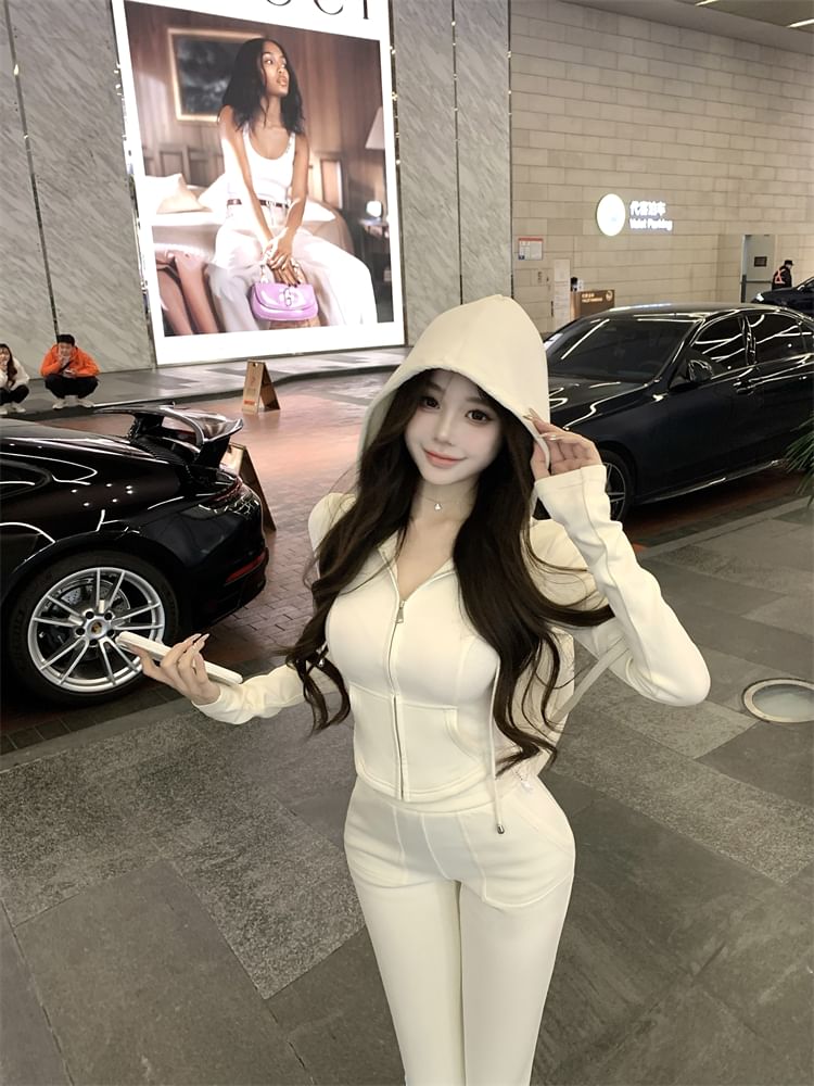 Flared Plain Zip Hoodie Sweatpants High / Crop Waist