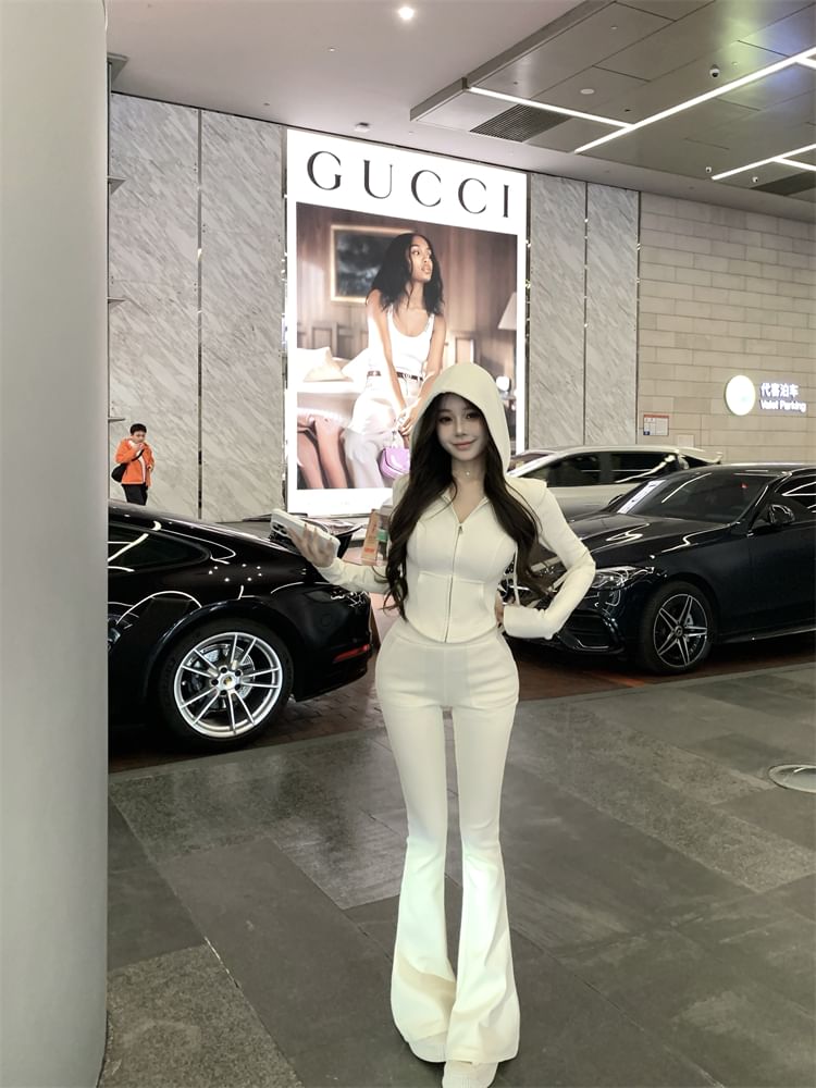 Flared Plain Zip Hoodie Sweatpants High / Crop Waist