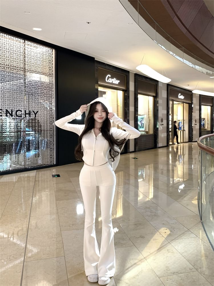 Flared Plain Zip Hoodie Sweatpants High / Crop Waist