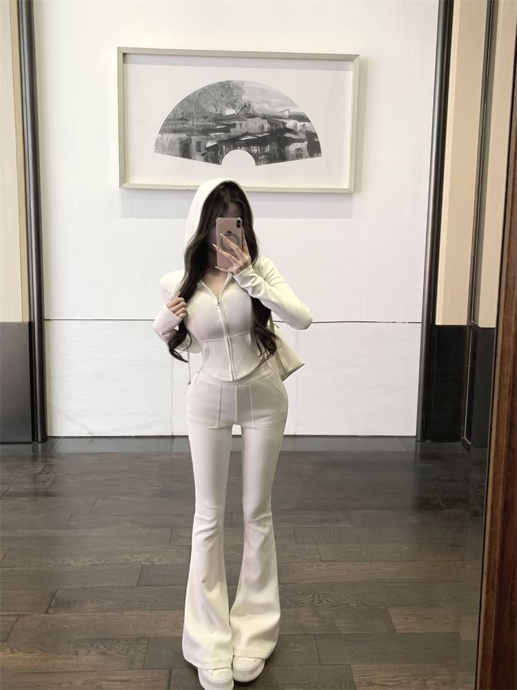 Flared Plain Zip Hoodie Sweatpants High / Crop Waist
