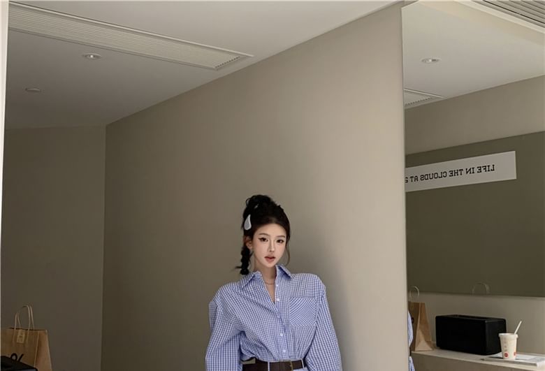 Dress Front Plaid Mini Long-Sleeve Shirt Hem Henley Pocket Pleated