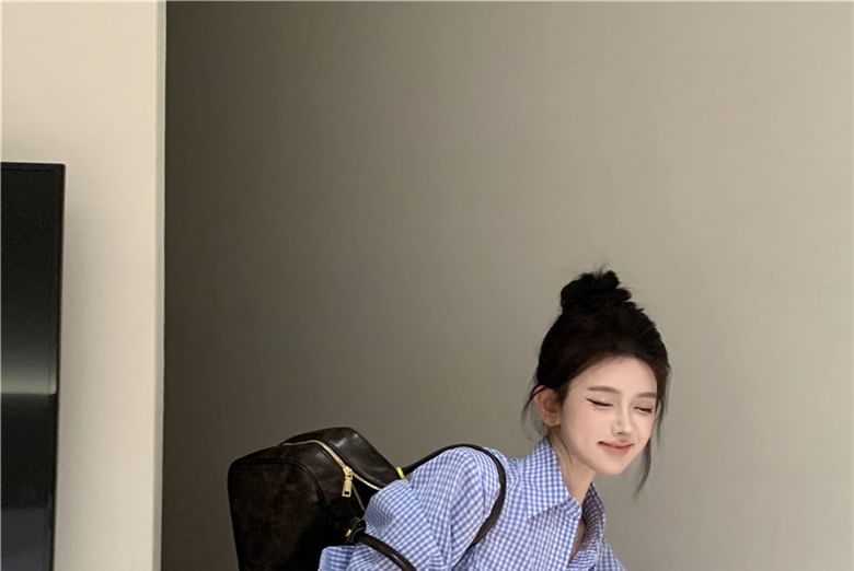 Dress Front Plaid Mini Long-Sleeve Shirt Hem Henley Pocket Pleated