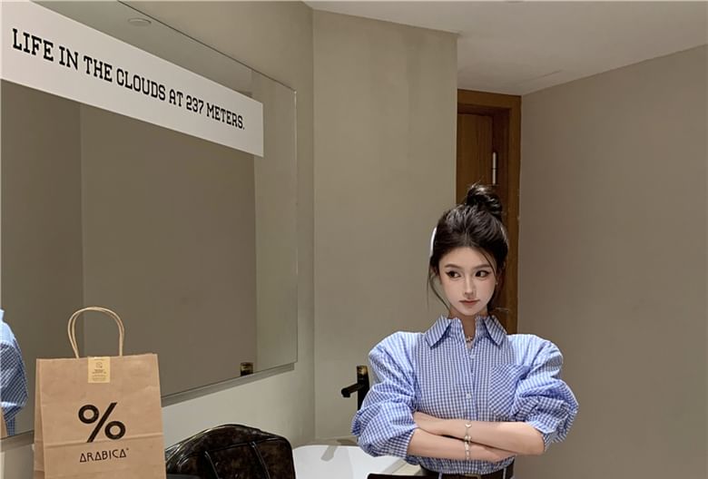 Dress Front Plaid Mini Long-Sleeve Shirt Hem Henley Pocket Pleated