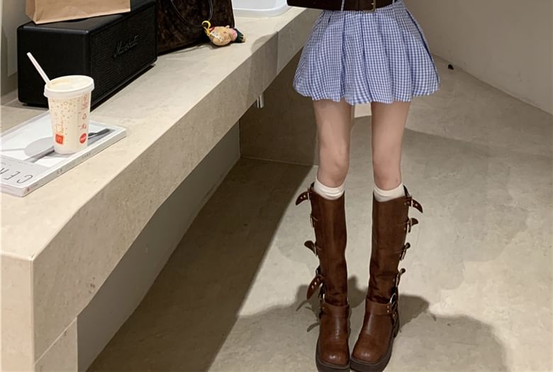 Dress Front Plaid Mini Long-Sleeve Shirt Hem Henley Pocket Pleated