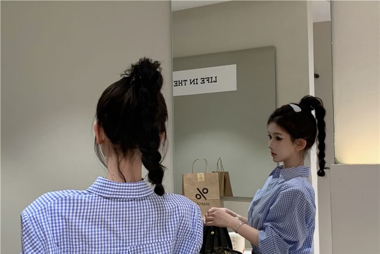 Dress Front Plaid Mini Long-Sleeve Shirt Hem Henley Pocket Pleated