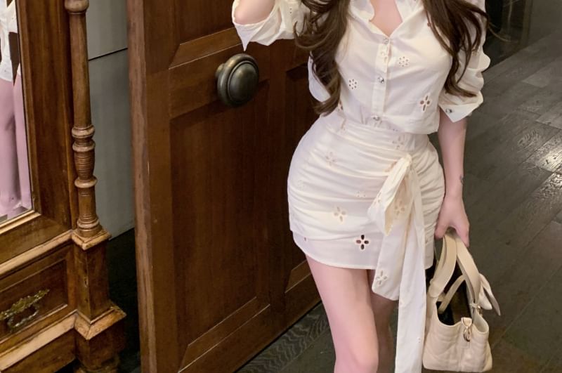 Skirt Mini Rise Pencil High Embroidered Flower Ruched Shirt Long-Sleeve / Bow