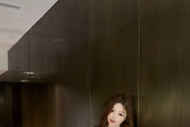 Skirt Mini Rise Pencil High Embroidered Flower Ruched Shirt Long-Sleeve / Bow