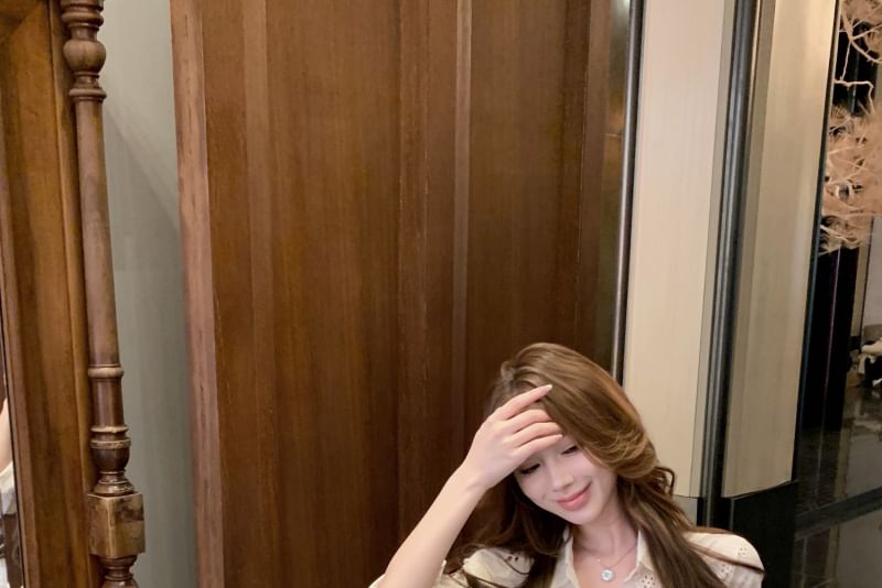 Skirt Mini Rise Pencil High Embroidered Flower Ruched Shirt Long-Sleeve / Bow