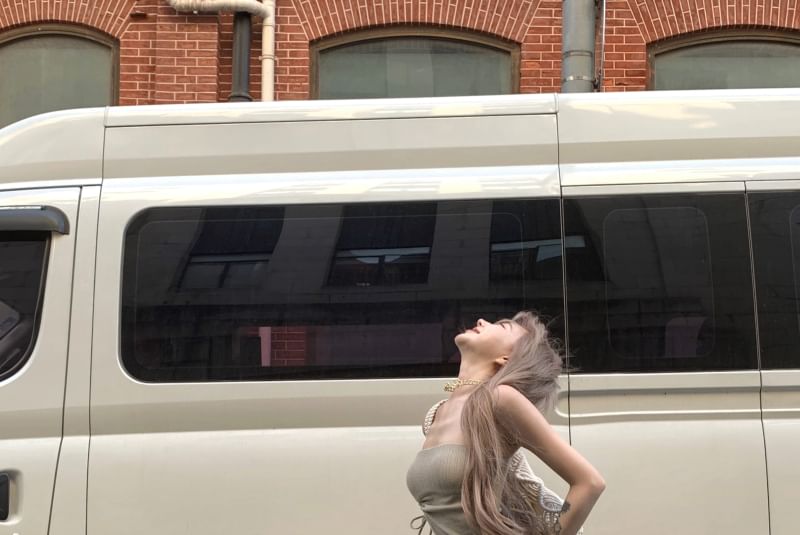 / Side-Slit Asymmetrical Drawstring Top Flared Waist Strapless Pants High Plain