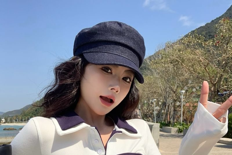 Collar Tube Mini Skirt Contrast Tee / Pencil Long-Sleeve Plain Top Trim Waist High Tie-Front