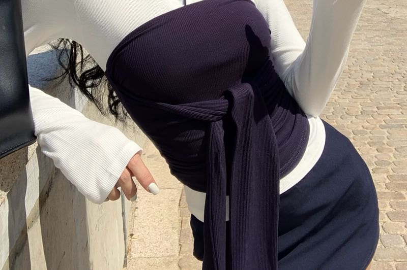 Collar Tube Mini Skirt Contrast Tee / Pencil Long-Sleeve Plain Top Trim Waist High Tie-Front