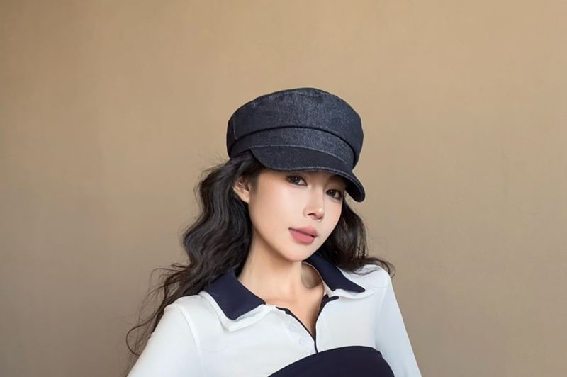 Collar Tube Mini Skirt Contrast Tee / Pencil Long-Sleeve Plain Top Trim Waist High Tie-Front