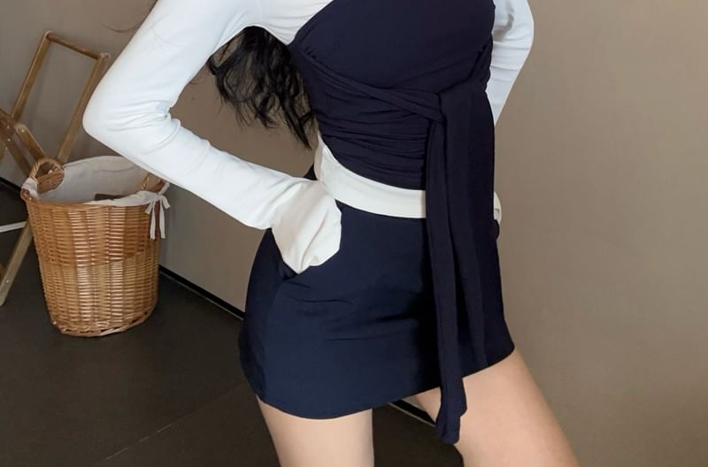 Collar Tube Mini Skirt Contrast Tee / Pencil Long-Sleeve Plain Top Trim Waist High Tie-Front