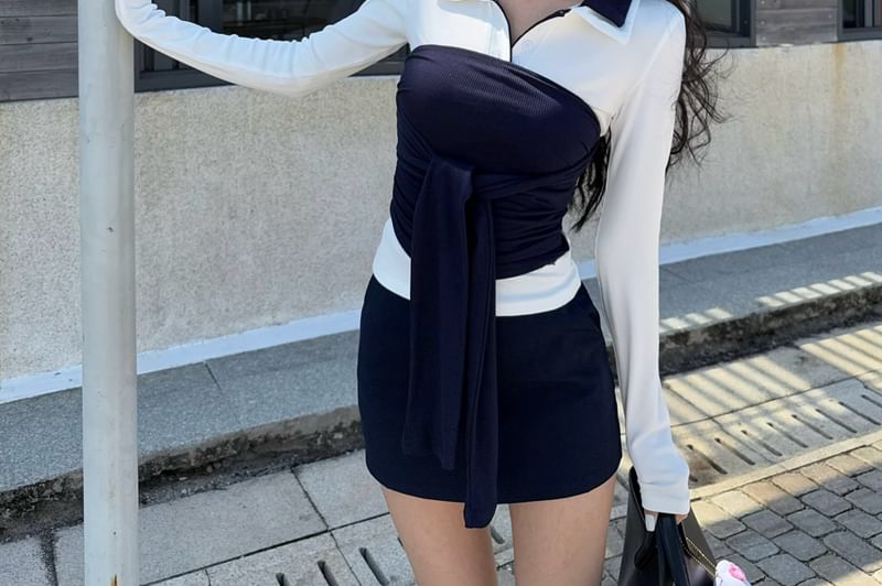 Collar Tube Mini Skirt Contrast Tee / Pencil Long-Sleeve Plain Top Trim Waist High Tie-Front