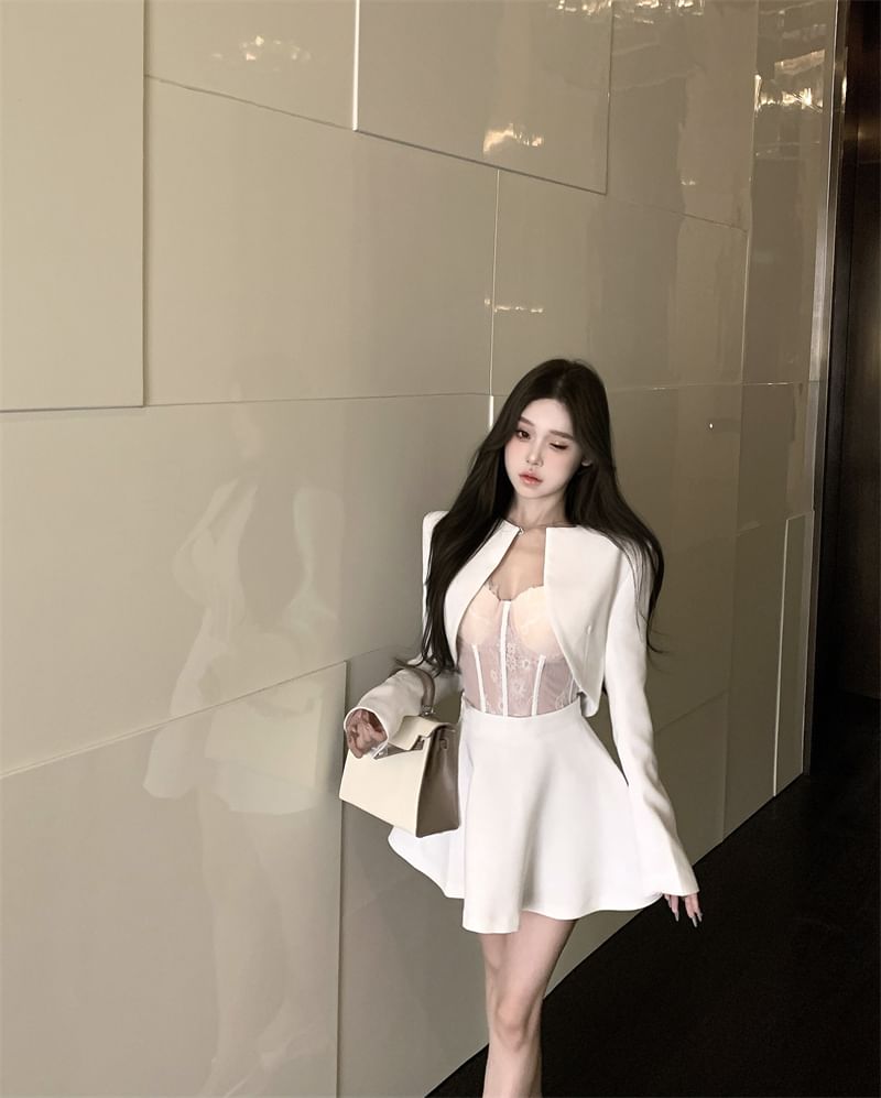 A-Line Skirt Cropped Top Open Lace Rise / Plain Jacket Bustier High Front Mini