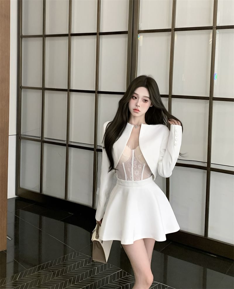 A-Line Skirt Cropped Top Open Lace Rise / Plain Jacket Bustier High Front Mini