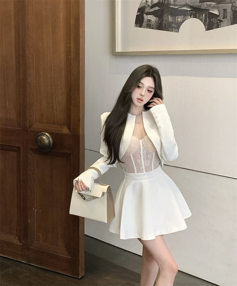 A-Line Skirt Cropped Top Open Lace Rise / Plain Jacket Bustier High Front Mini