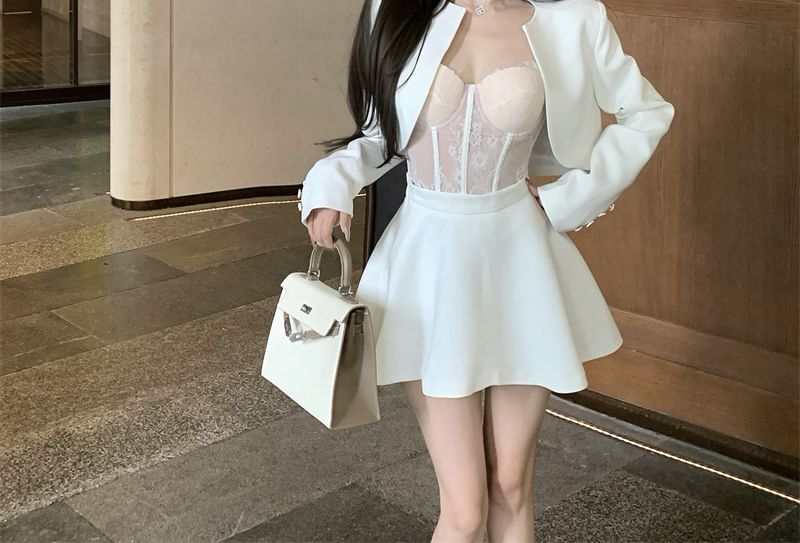 A-Line Skirt Cropped Top Open Lace Rise / Plain Jacket Bustier High Front Mini