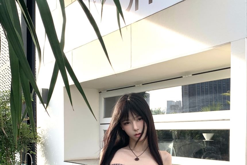 Rise / Mini Sheer Skirt Tube A-Line Ruched Top High Plaid Bow