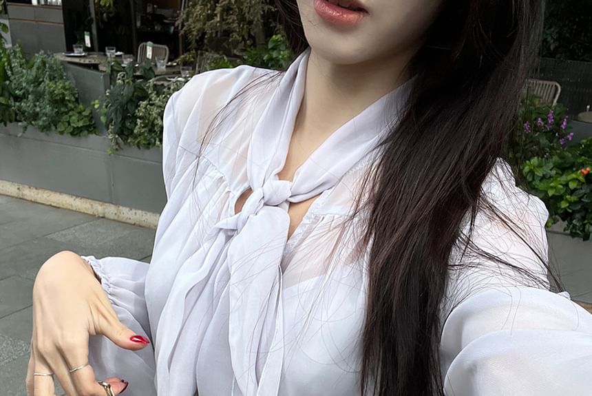 / Tie-Neck Mini Skirt Cami Blouse Puff-Sleeve Top High Rise Set Plain A-Line