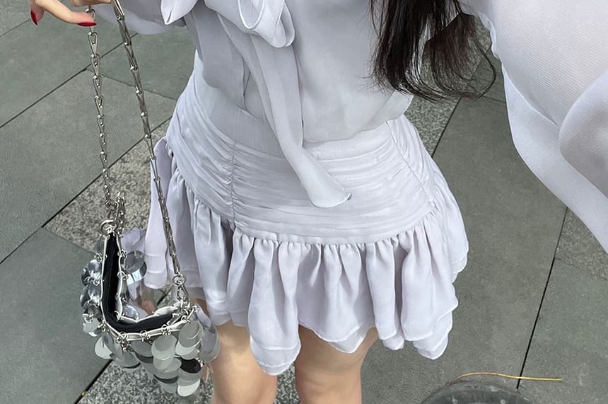 / Tie-Neck Mini Skirt Cami Blouse Puff-Sleeve Top High Rise Set Plain A-Line