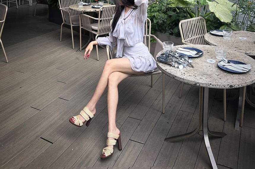 / Tie-Neck Mini Skirt Cami Blouse Puff-Sleeve Top High Rise Set Plain A-Line