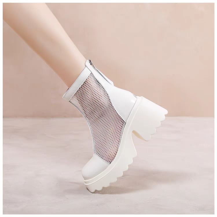 Short Panel Mesh Boots Zip-Up Platform