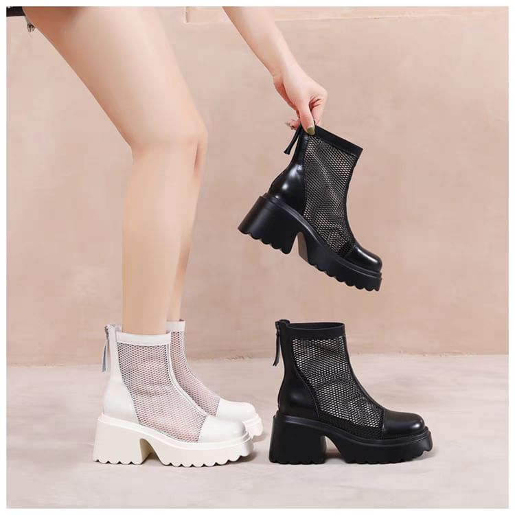 Short Panel Mesh Boots Zip-Up Platform