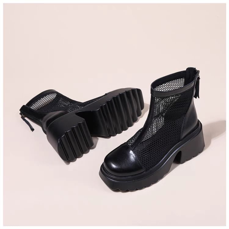 Short Panel Mesh Boots Zip-Up Platform