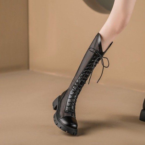Mesh Panel Lace-Up Boots Platform Tall
