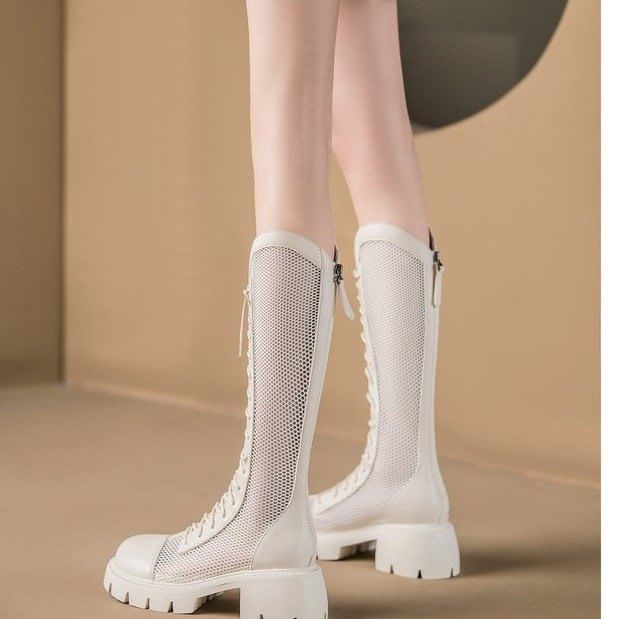 Mesh Panel Lace-Up Boots Platform Tall