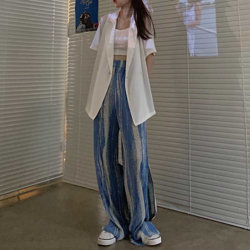 Pants Leg Patterned Pleated High Wide Rise Print