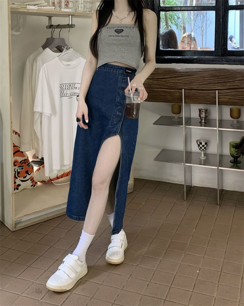 Asymmetrical Skirt Rise Midi Washed High Denim Pencil